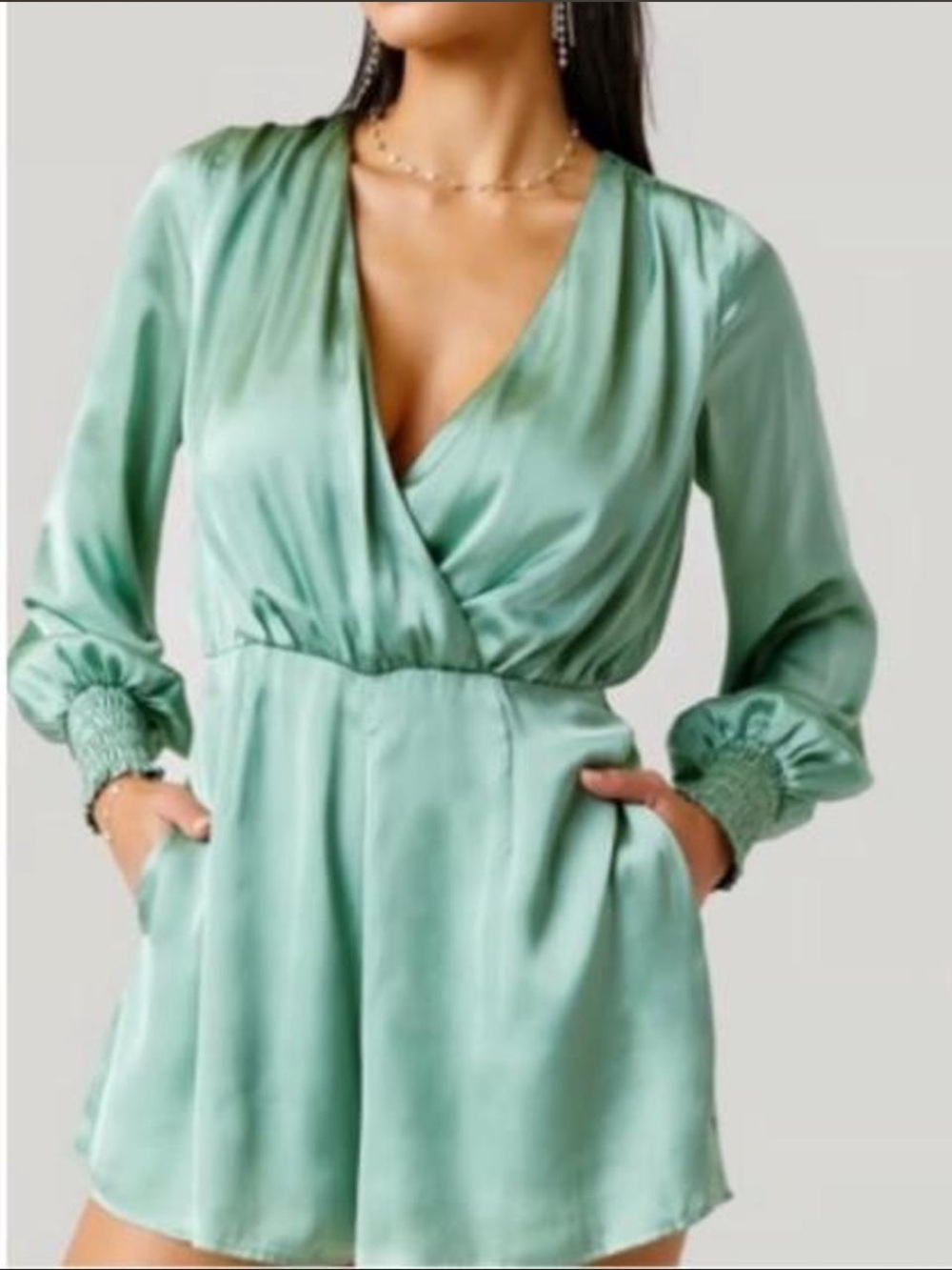 Francesca’s Sage Green Long-Sleeve Wrap Romper